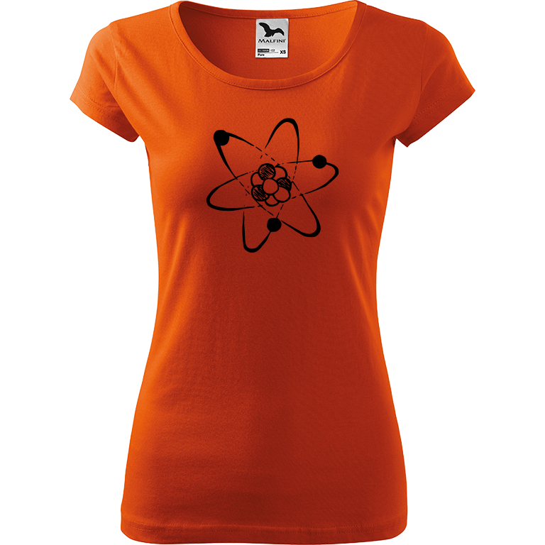 Ručně malované dámské bavlněné tričko - Atom Barva trička: ORANŽOVÁ, Velikost trička: XL, Barva motivu: ČERNÁ