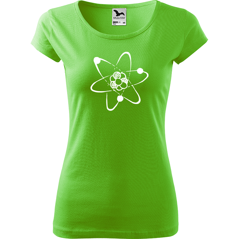 Ručně malované dámské bavlněné tričko - Atom Barva trička: SVĚTLE ZELENÁ, Velikost trička: XS, Barva motivu: BÍLÁ