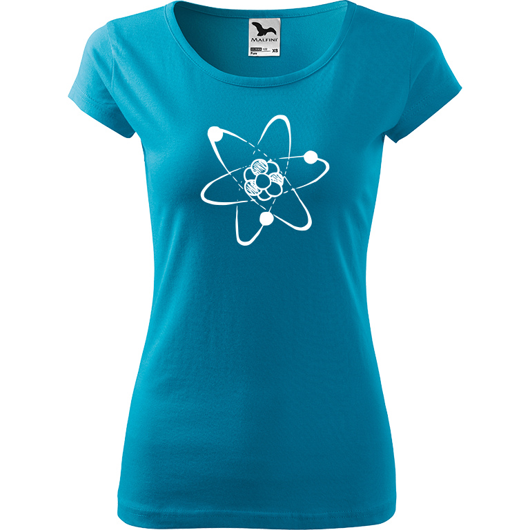 Ručně malované dámské bavlněné tričko - Atom Barva trička: TYRKYSOVÁ, Velikost trička: M, Barva motivu: BÍLÁ
