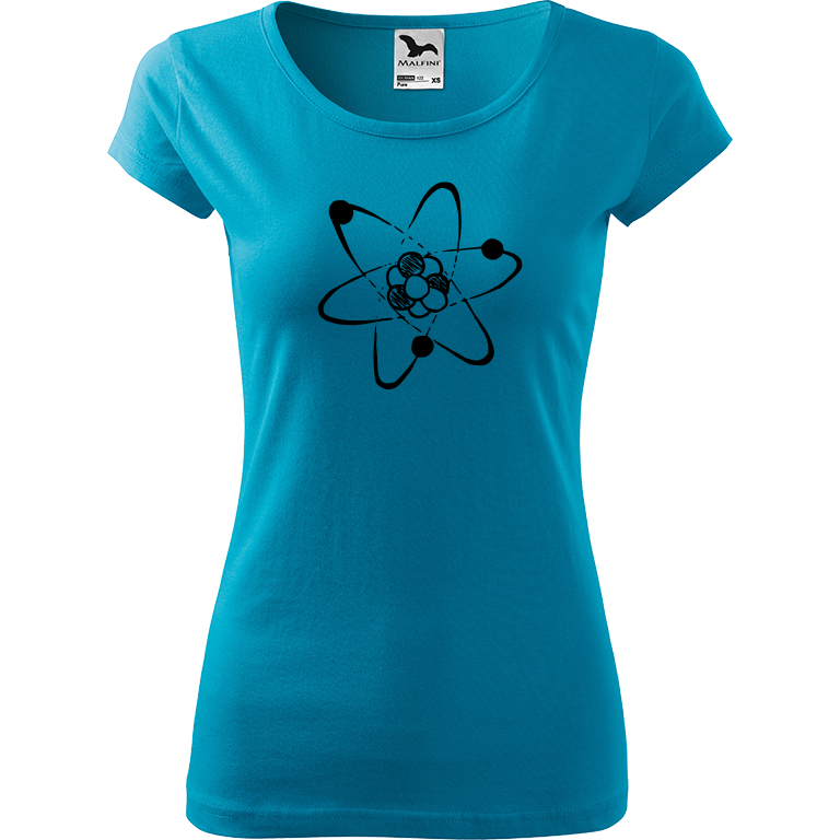 Ručně malované dámské bavlněné tričko - Atom Barva trička: TYRKYSOVÁ, Velikost trička: M, Barva motivu: ČERNÁ