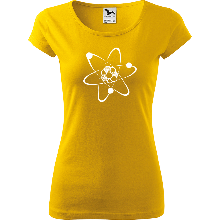 Ručně malované dámské bavlněné tričko - Atom Barva trička: ŽLUTÁ, Velikost trička: L, Barva motivu: BÍLÁ