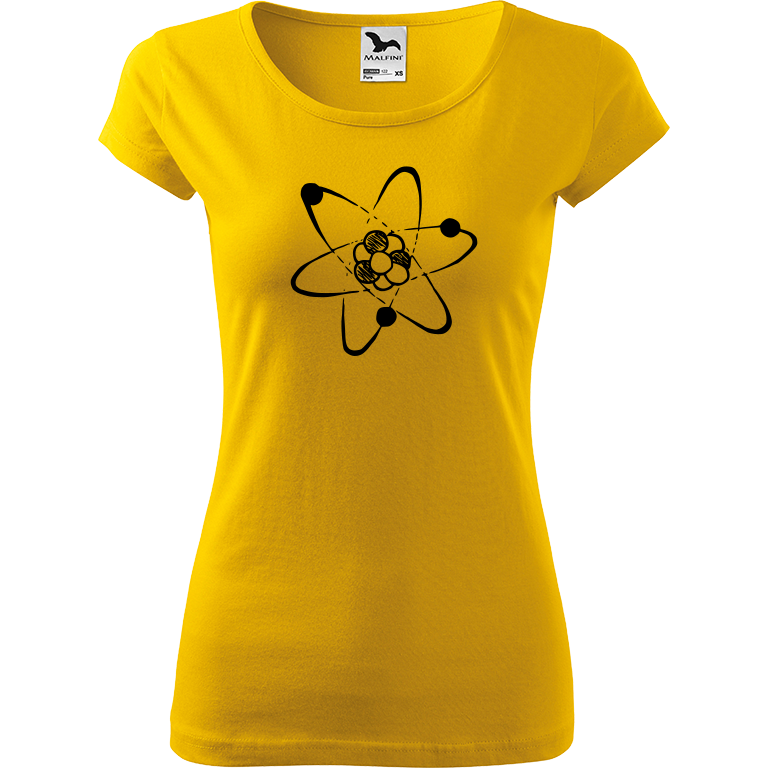 Ručně malované dámské bavlněné tričko - Atom Barva trička: ŽLUTÁ, Velikost trička: XL, Barva motivu: ČERNÁ