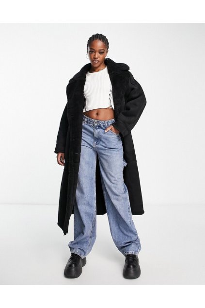 weekday trine shearling aviator coat in black