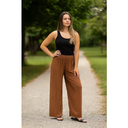 Dámské plisované volné kalhoty 911-10 - sv. hnědé