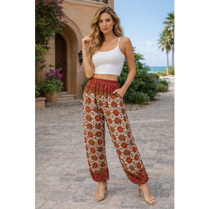 Nohavice Fatima kvety červené