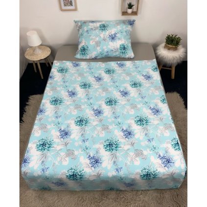 Bavlněné povlečení, jednolůžko -  Chryzamtémy v modrém