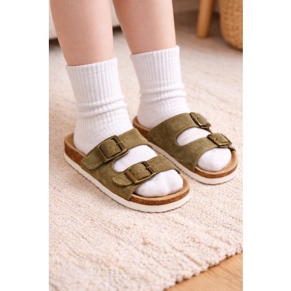 BAZAR-Dětské korkové pantofle, khaki