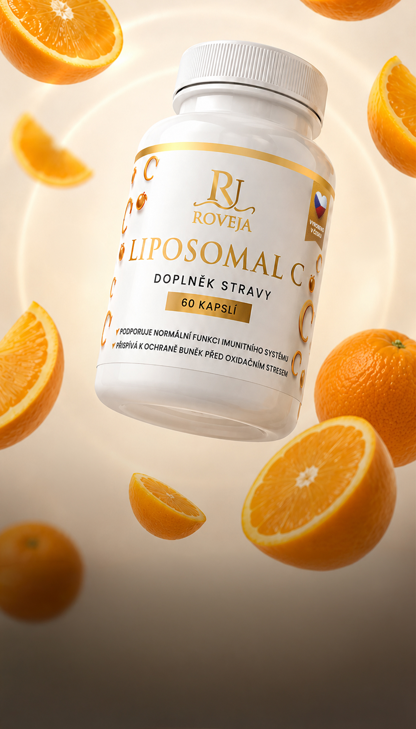 Liposomální vitamin C Roveja, 60 kapslí, s pomeranči na světlém pozadí