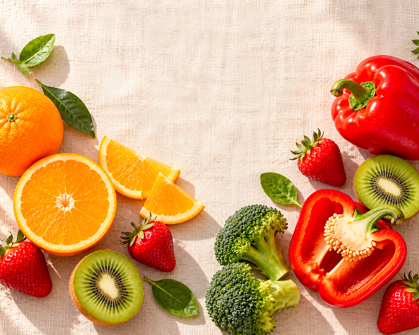 Kolik vitamínu C denně | Roveja Čerstvé pomeranče, kiwi, jahody, červená paprika a brokolice na lněném ubrusu, zdroje vitamínu C
