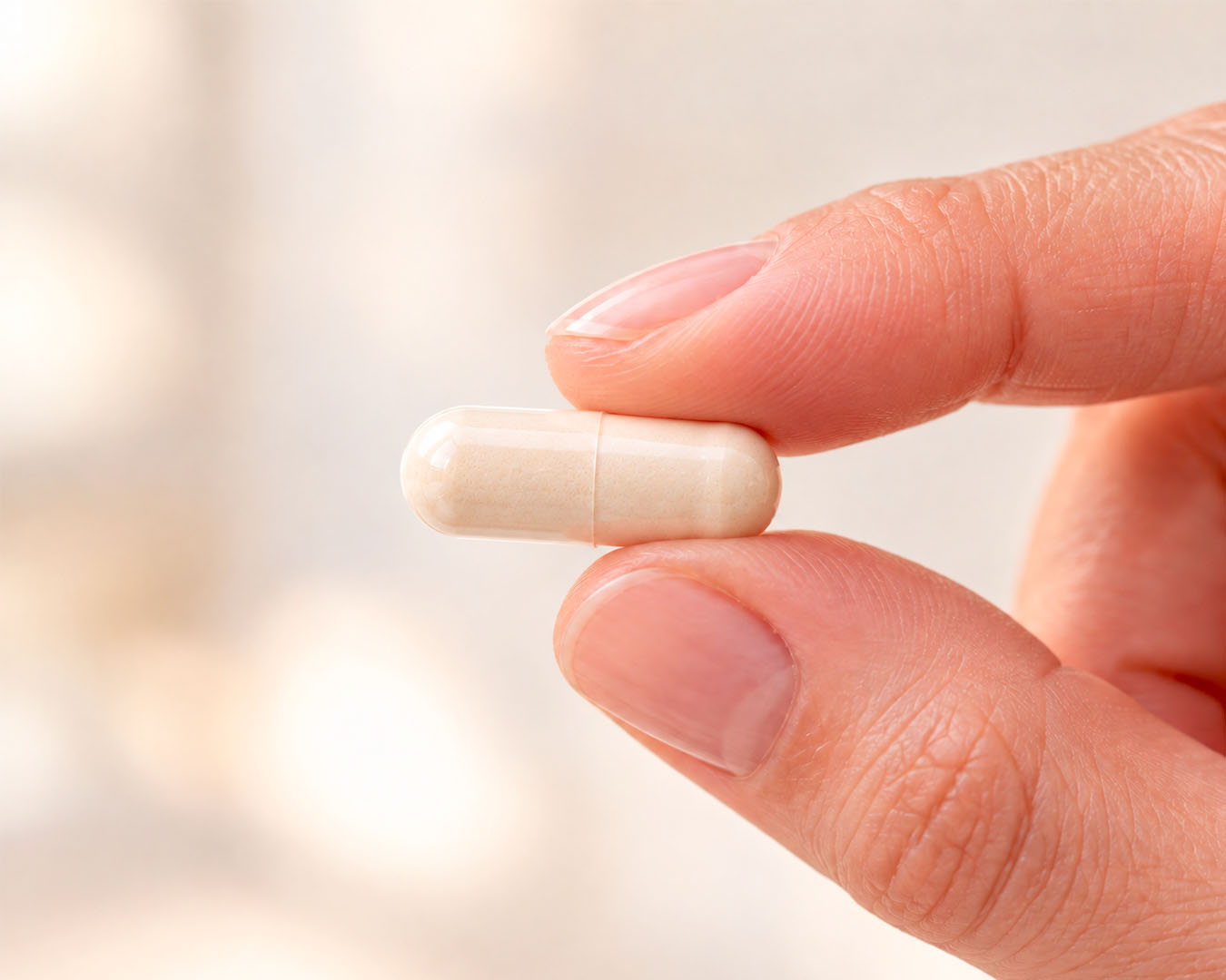 Kapsle lipozomálního vitamínu C | Roveja Veganská kapsle lipozomálního vitamínu C mezi prsty