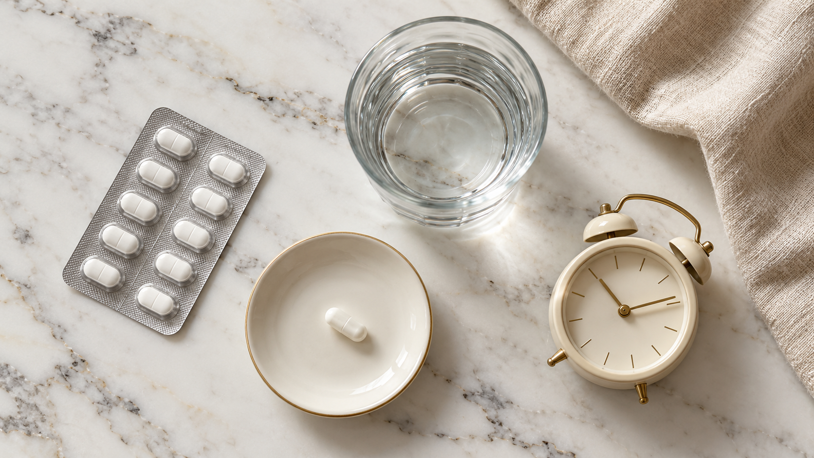 Odstup mezi probiotiky a antibiotiky | Roveja Blistr tablet, kapsle probiotik, sklenice vody a budík na mramorové lince