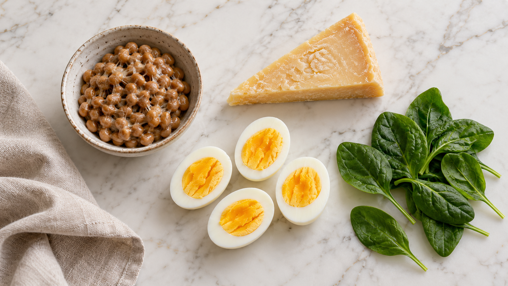 Vitamín K2 v potravinách | Roveja Miska natto, kousek tvrdého sýra, vařená vejce a listy špenátu na mramorové desce