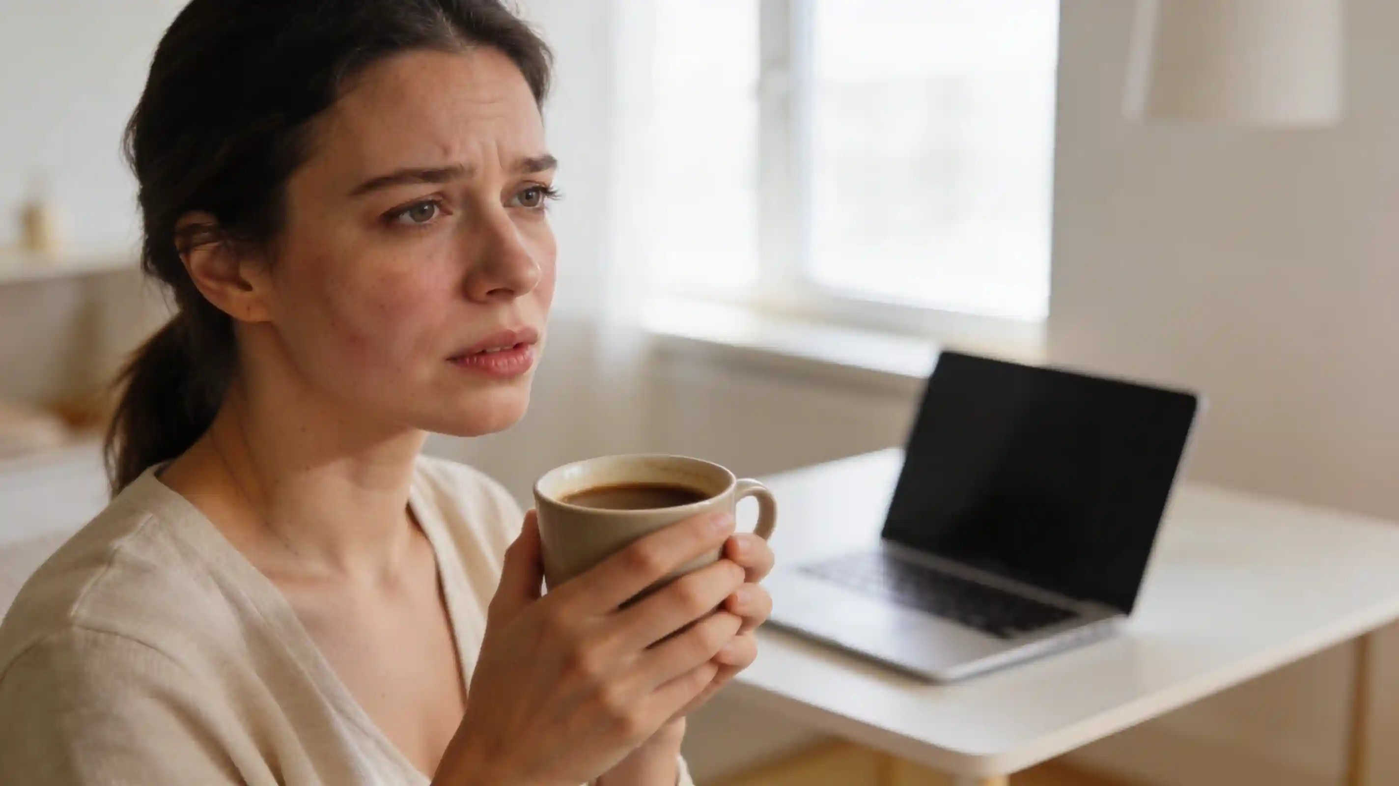 Unavená žena ráno s kávou – příznaky dlouhodobého stresu a cortisol face