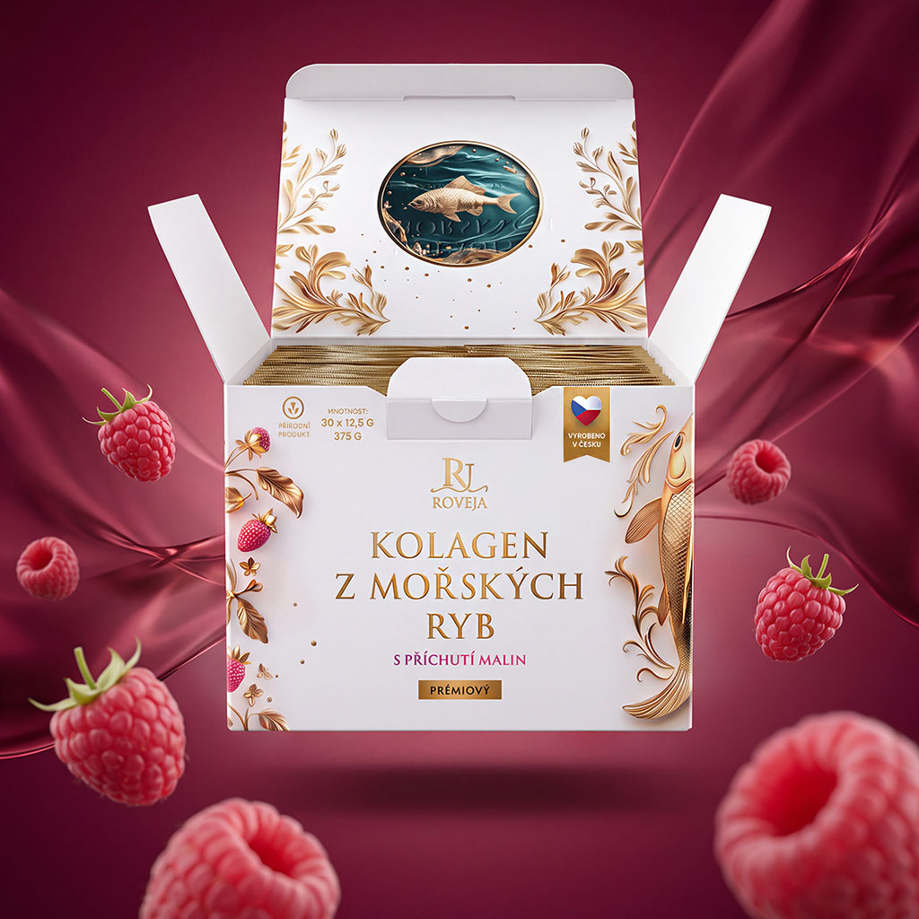 Prémiový mořský kolagen Roveja s příchutí malin – 30 sáčků, 10 000 mg kolagenu v denní dávce