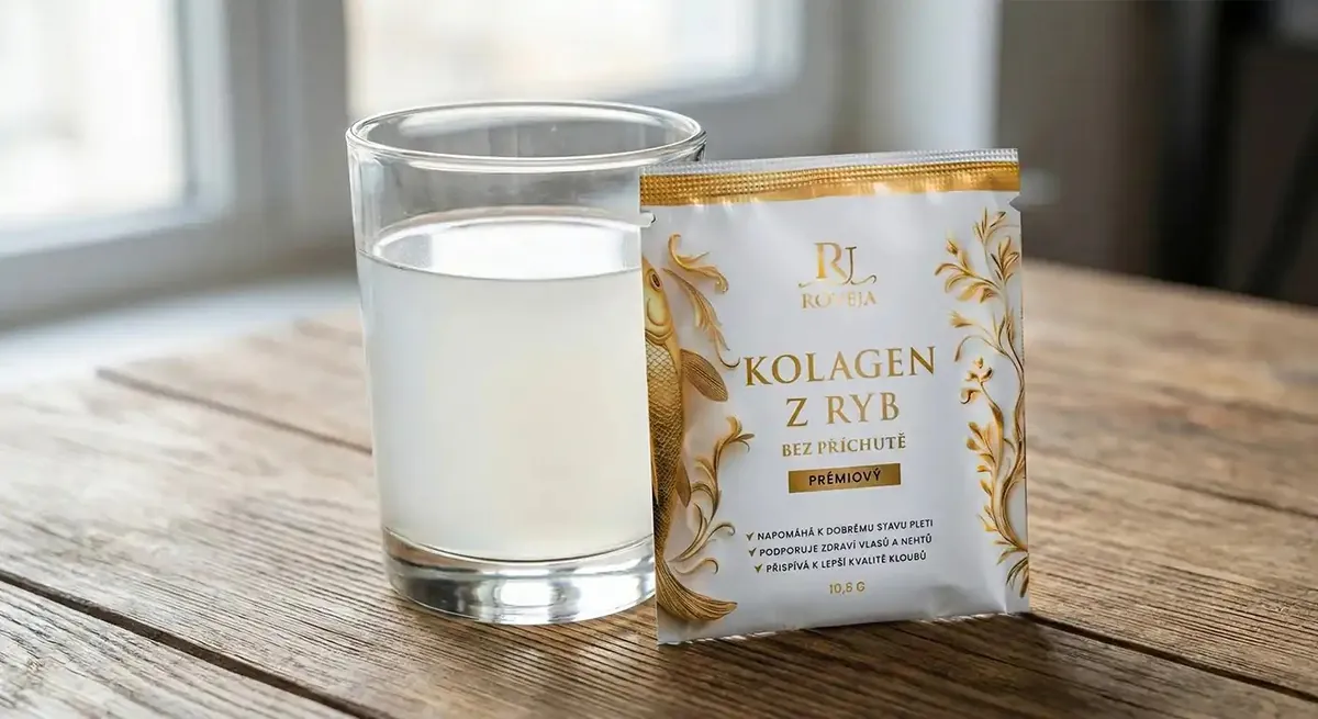 Příprava nápoje z mořského kolagenu bez příchutě – sáček rozpuštěný ve sklenici vody