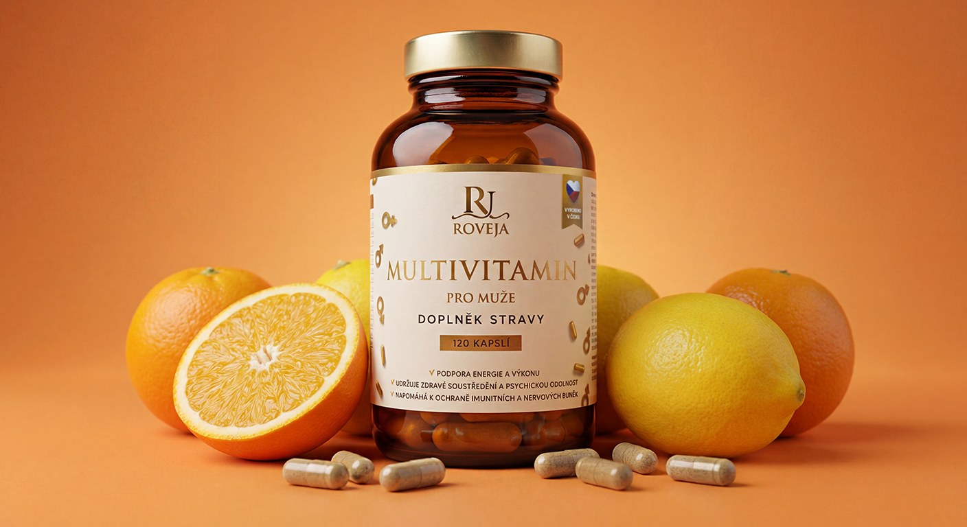 Multivitamin pro muže s vitamínem C – podpora imunity, lahev s pomeranči a citrony