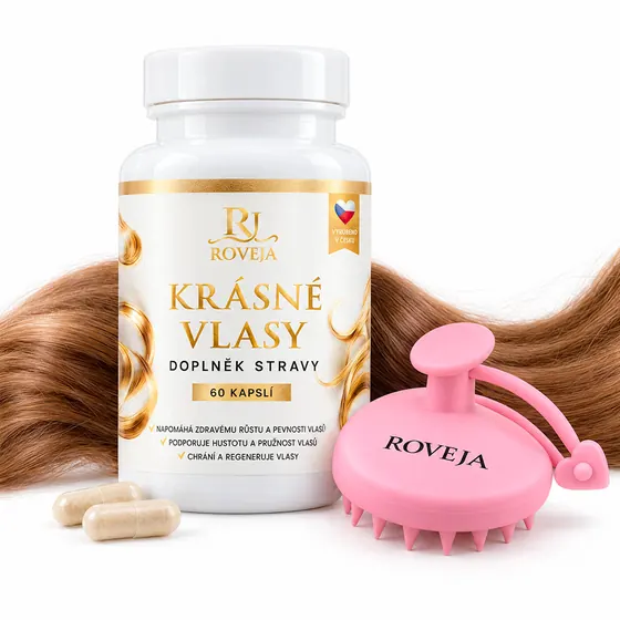Doplněk stravy Roveja Krásné vlasy a růžový masážní kartáč na vlasy