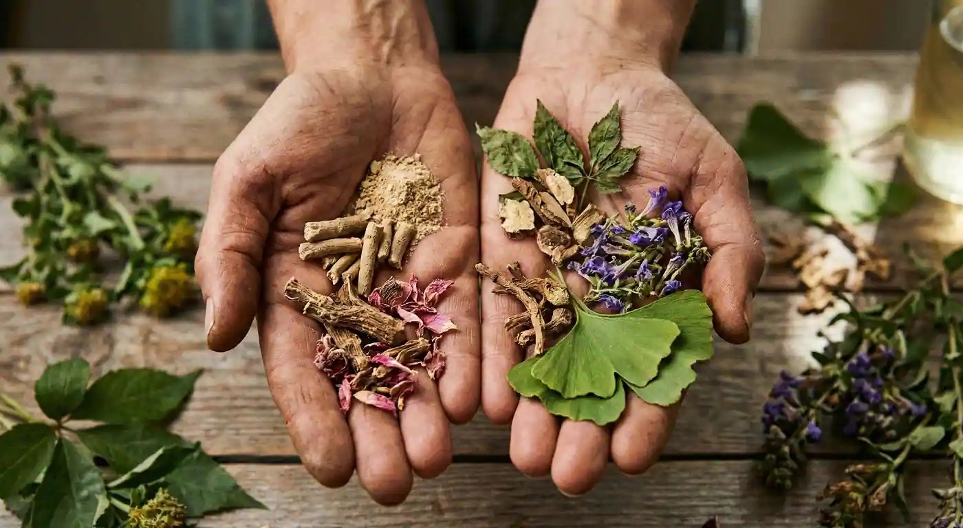 Adaptogeny v Úlevě od stresu – ashwagandha, rhodiola, ženšen, šišák bajkalský a ginkgo biloba v dlaních