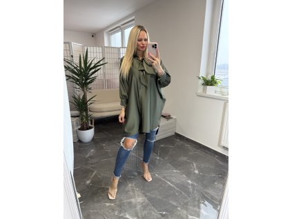 Predĺžená blúzka s mašľou Ariana army zelená