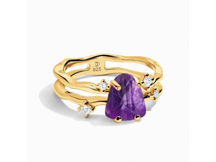 Royal Fashion prsten Pozitiva 18k zlato Vermeil s drahokamem ametystem a bílými safíry SKA-R006-YELLOWGOLD-AMETHYST