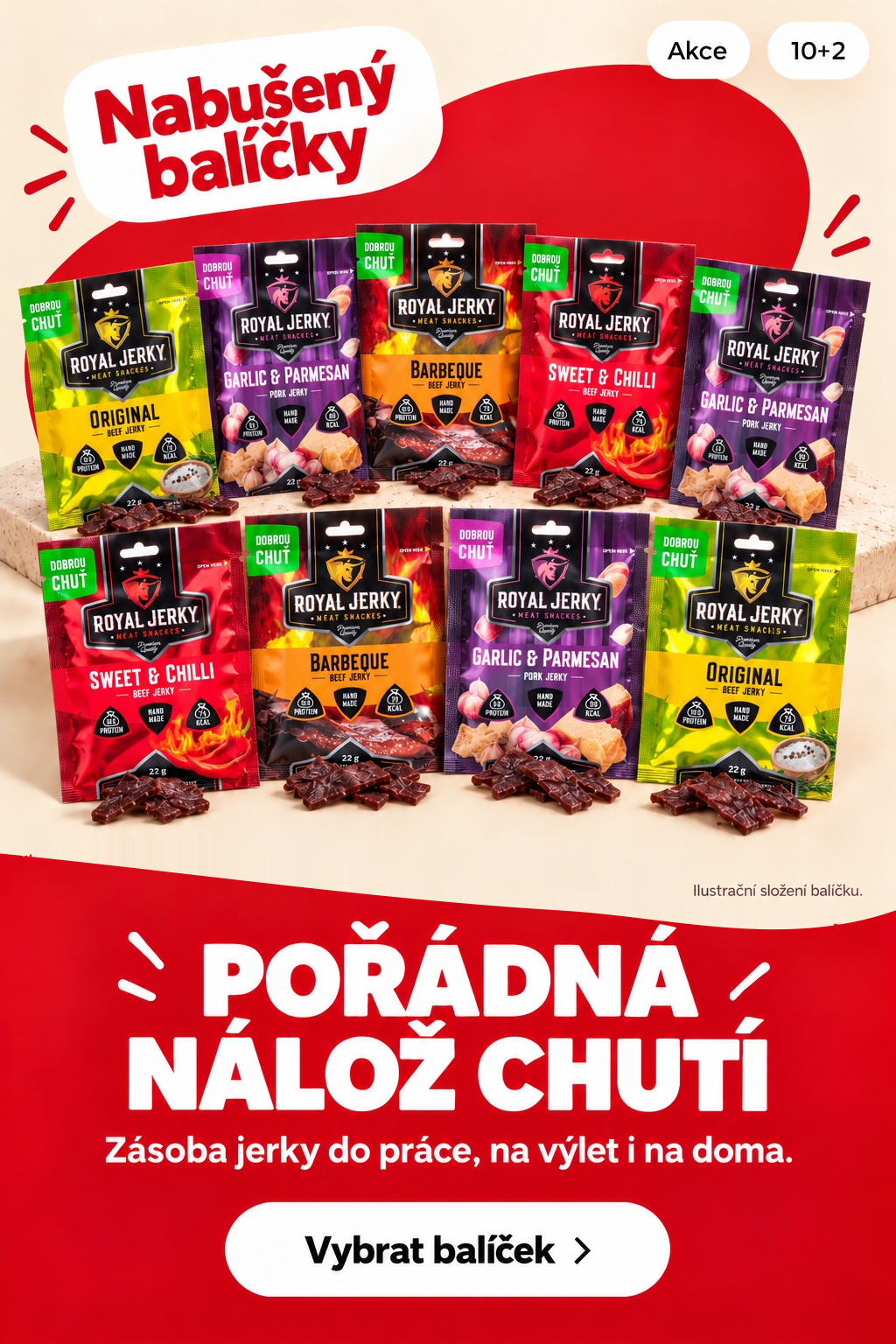 Nabušený balíčky. Akce 10+2. Pořádná nálož chutí. Zásoba jerky do práce, na výlet i na doma. Vybrat balíček.