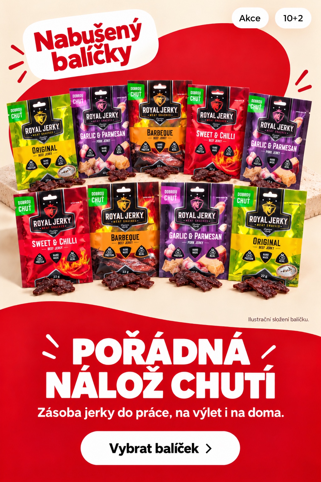 Nabušený balíčky. Akce 10+2. Pořádná nálož chutí. Zásoba jerky do práce, na výlet i na doma. Vybrat balíček.