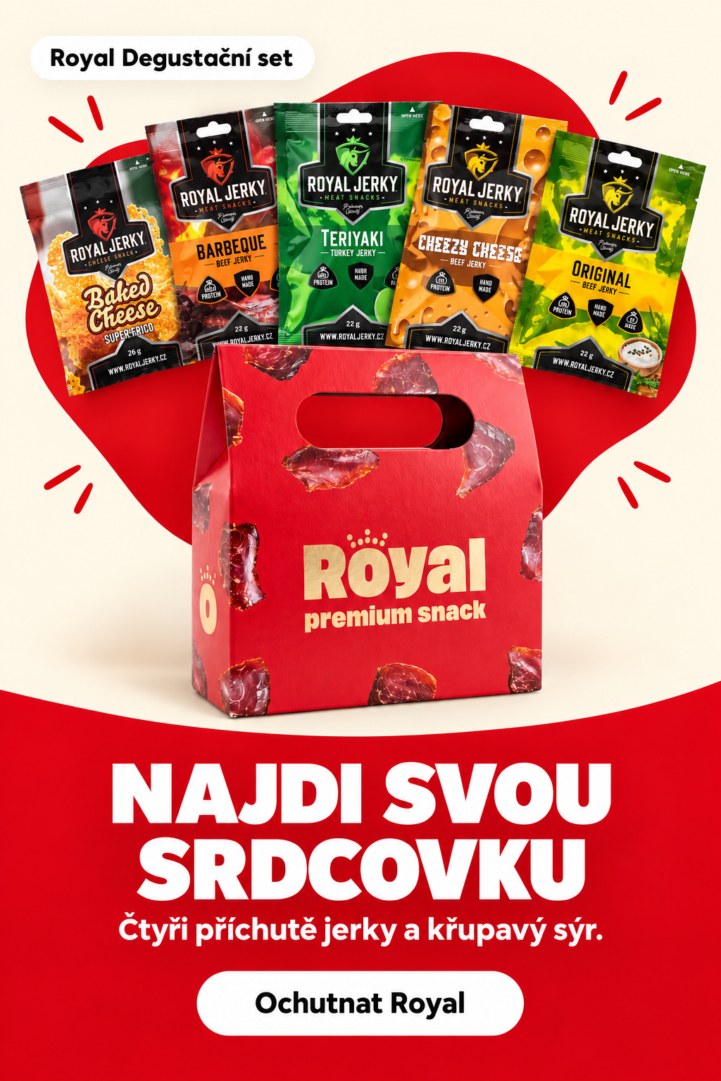 Royal Degustační set — Najdi svou srdcovku. Čtyři příchutě jerky a křupavý sýr. Ochutnat Royal.