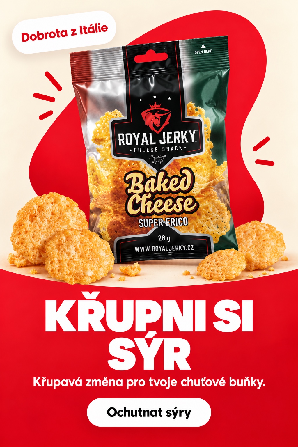Dobrota z Itálie. Křupni si sýr. Křupavá změna pro tvoje chuťové buňky. Ochutnat sýry.