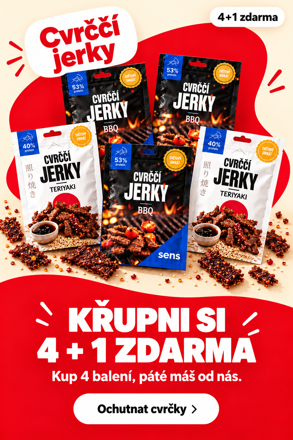 Cvrččí jerky — 4 + 1 zdarma. Kup 4 balení, páté máš od nás. Ochutnat cvrčky.