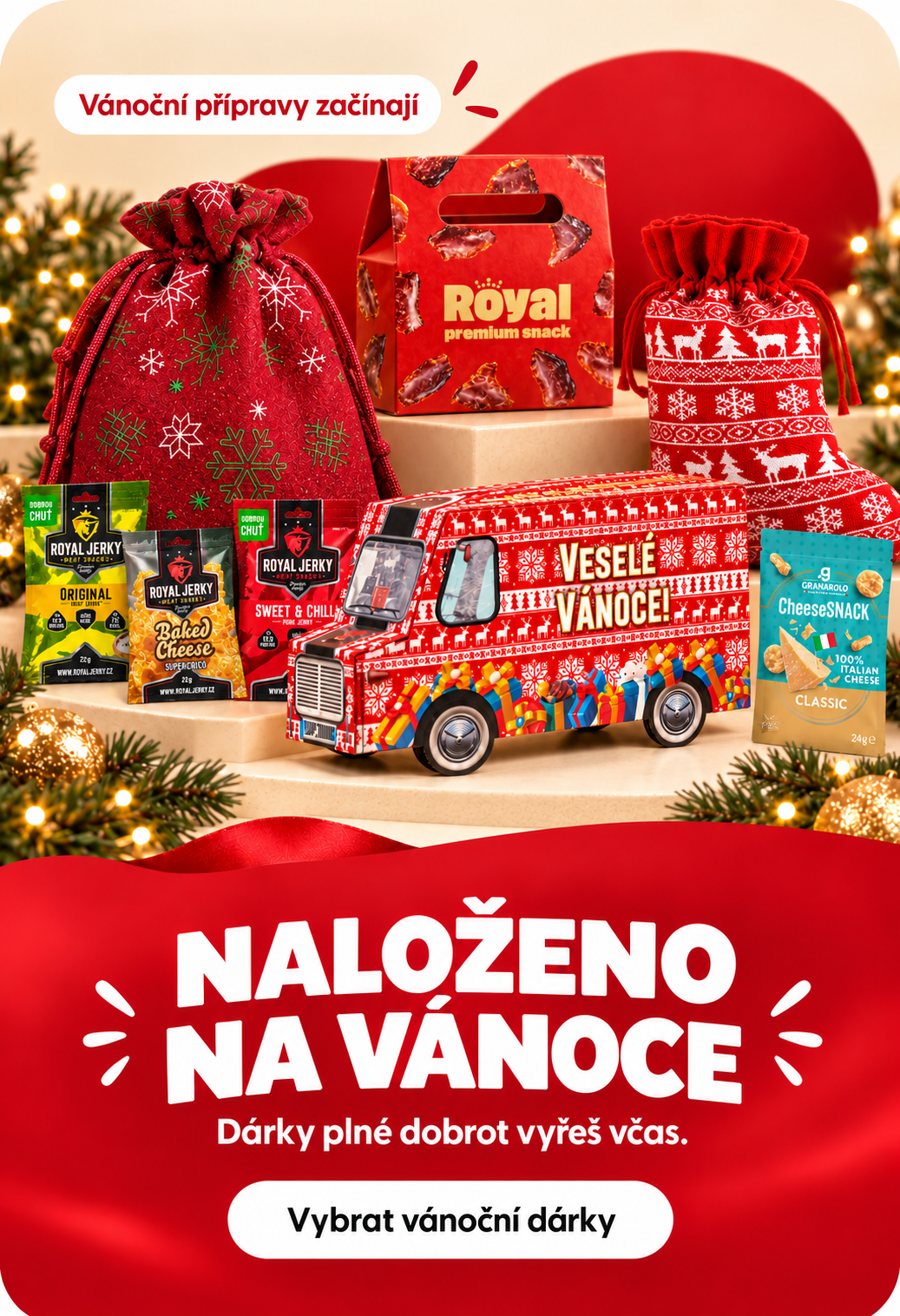 Vánoční dárky Royal Jerky: foodtruck, vánoční pytel, punčocha a dobroty.