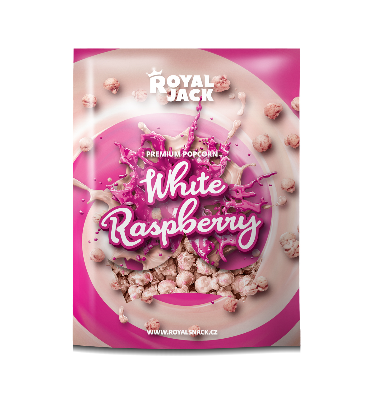 Levně Royal Jack - sladké dobroty Royal Jack - White Raspberry (popcorn v bílé čokoládě s malinovým prachem)