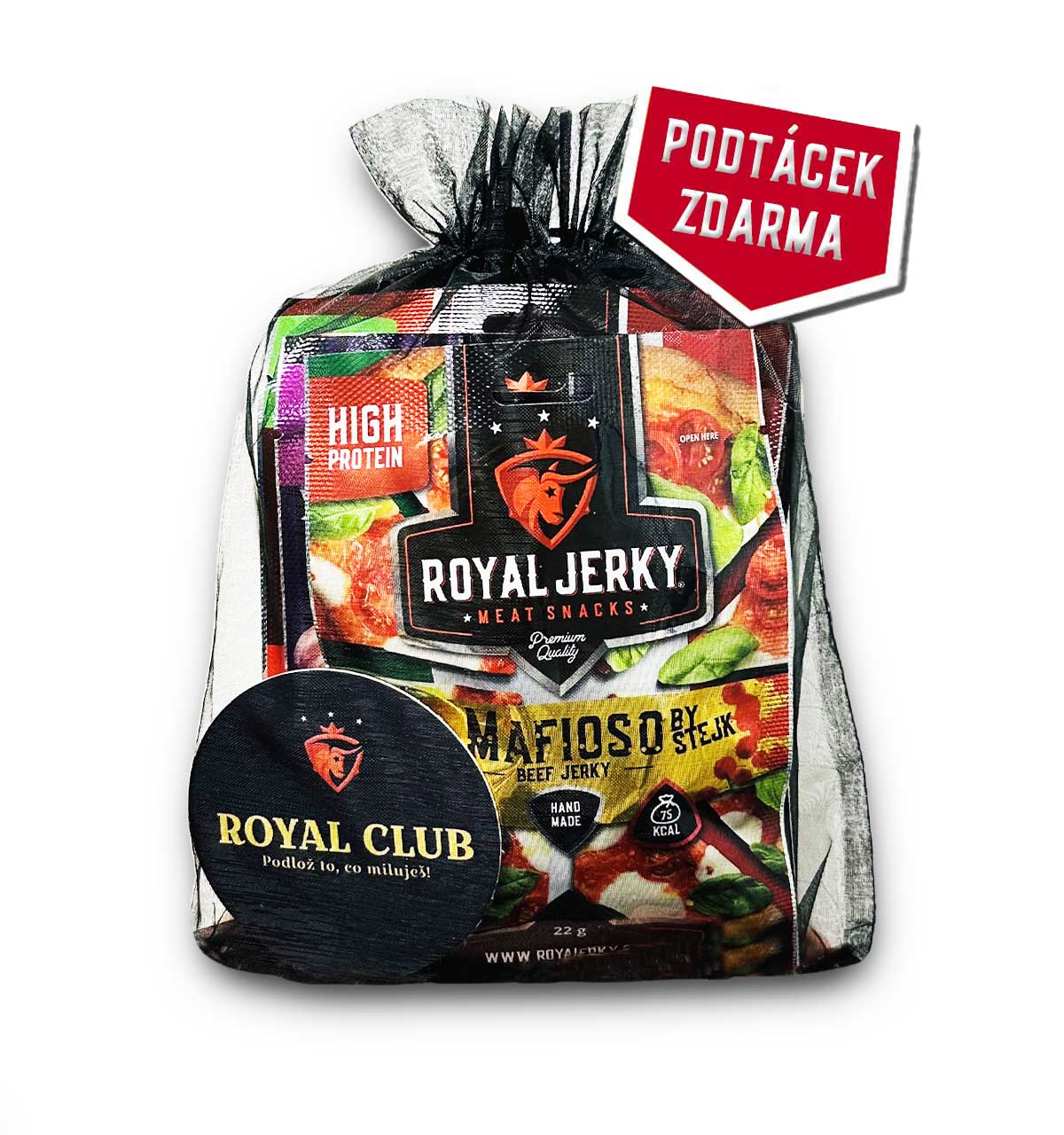 Levně Royal Jerky Dárek pro muže (4x jerky + popcorn + podtácek) Barva: Červená