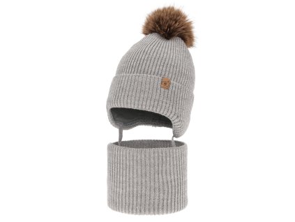 Čiapka a šál tmavo šedá s bambuľou Zico
