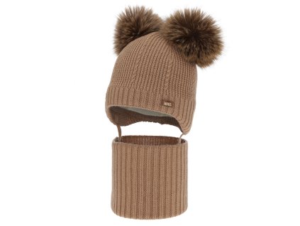 Chlapčenská čiapka a nákrčník, zimný set, camel, 100% merino vlna, Lumio