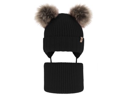 Čiapka a tunel růžový 100% extra fine merino vlna Silvia, čierna