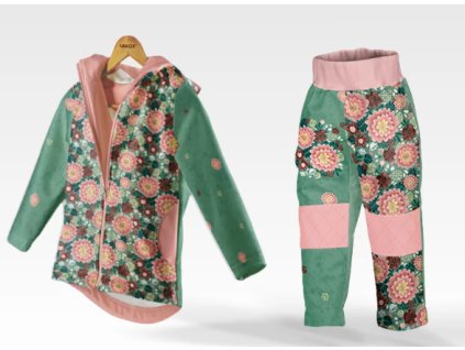 Set detská softshellová bunda a nohavice s fleecom, kvet na zelené