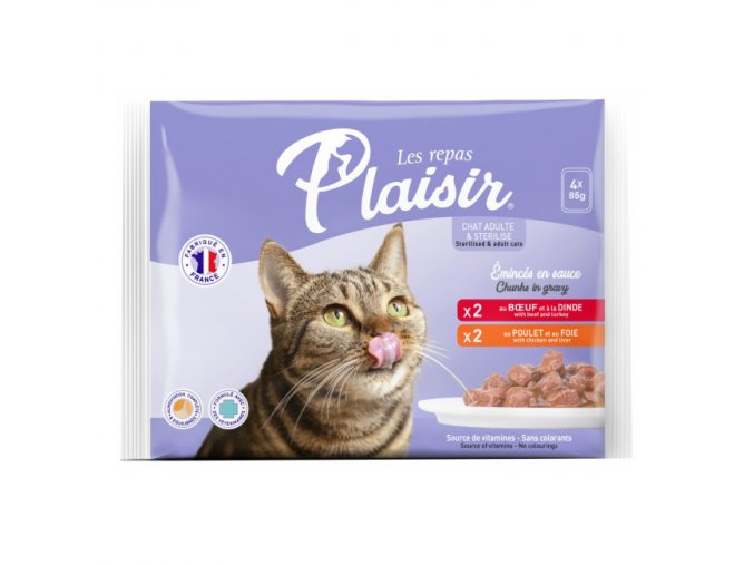 Plaisir cat Kapsa Multipack pro dospělé i kastrované kočky 4x85g (2xhovězí, 2xkuřecí)