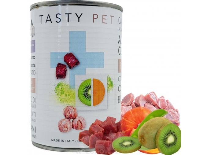 tasty pet premium konzerva adult puppy s veprovym a hovezim masove kulicky