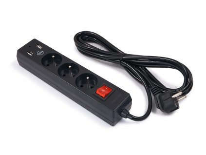 Prodlužovací kabel 3m - 2x USB + 3 x zásuvka 230V - Černá
