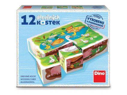 dino drevené kocky s obrázkami na farme 12 kusov