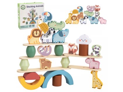 balančná veža s drevenými zvieratami v pastelových farbách)