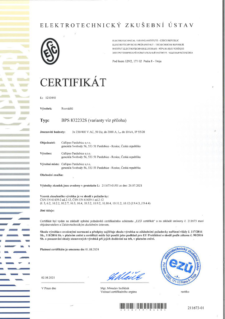 Certifikát BPS rozvaděče do 2024