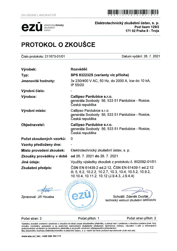 Protokol o zkoušce BPS rozvaděče