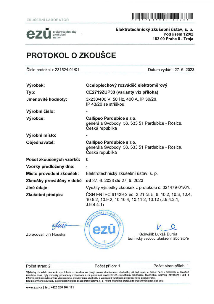 Protokol o zkoušce CE rozvaděče
