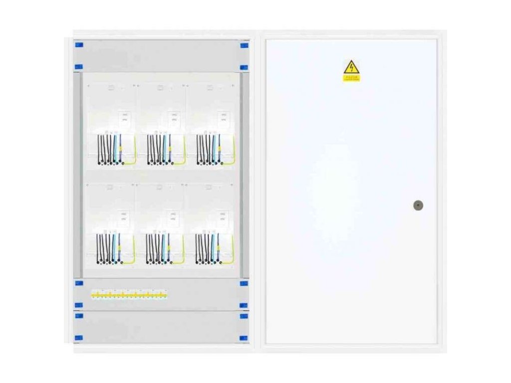 Elektroměrový rozvaděč 6x 3f elektroměr bez HDO (Distribuční síť ČEZ, Hlavní jistič B10/3p, 10 A, 10 kA, Protipožární úprava ano)