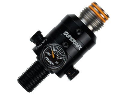 Powair SUPERMAX Titan Pro paintballový regulátor (300 Bar / 4500 PSI), výstupní tlak 850 PSI, nastavitelný, titanový závit Powair SUPERMAX Titan Pro paintball regulator (300 Bar / 4500 PSI), output pressure 850 PSI, adjustable, titanium ASA thread