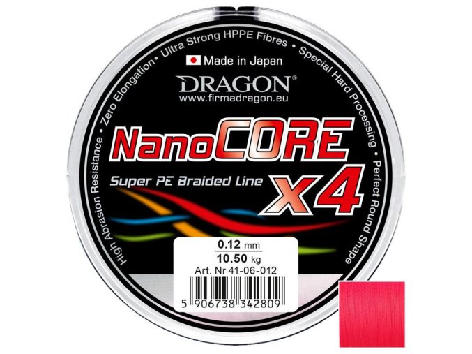 Šňůra DRAGON Nano Core X4 red 0,21mm 21,30kg