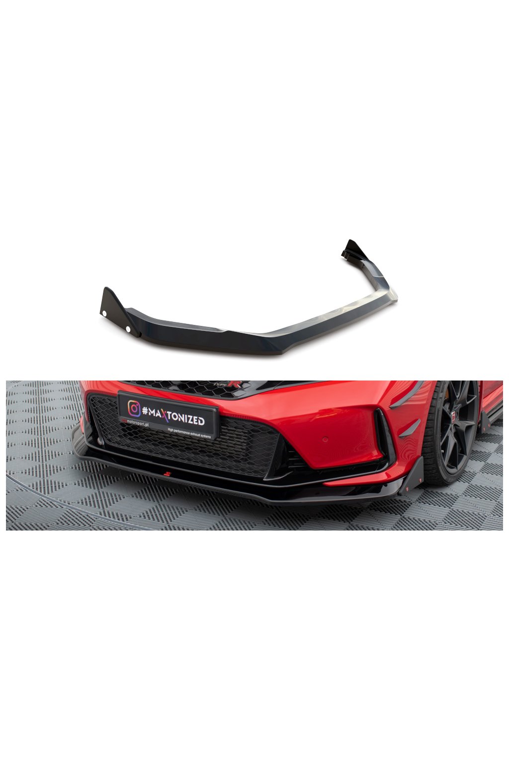 Maxton Design spoiler pod přední nárazník ver.1 s křidélky pro Honda Civic Mk11 Type-R, černý lesklý plast ABS