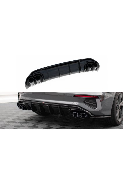 Maxton Design vložka zadního nárazníku s černými imitacemi koncovek výfuku pro Audi A3 8Y Sedan, černý lesklý plast ABS, S-Line