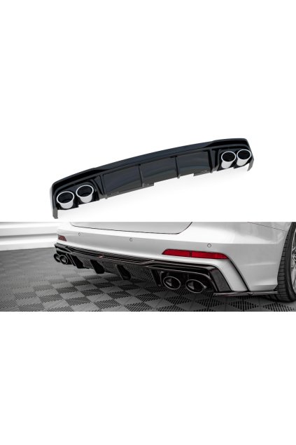 Maxton Design vložka zadního nárazníku s imitacemi koncovek výfuku pro Audi A6 C8, černý lesklý plast ABS, S-Line
